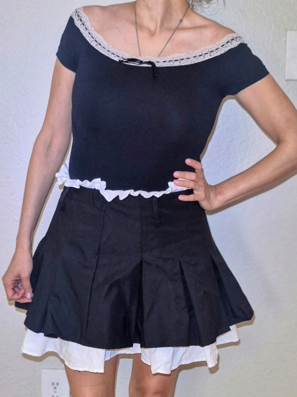 Black Tiered Mini Skirt with White Ruffle Trim With Lace On Hem OFF SHOULDER top